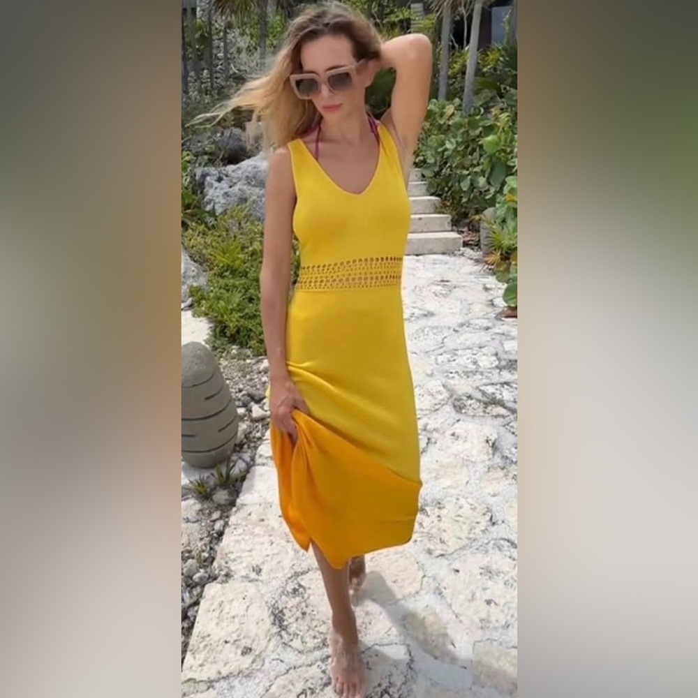 H&M Mustard Yellow Crochet Waist V-Neck Knit Midi Dress Size M - Picture 7 of 9